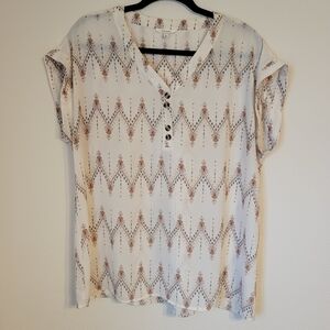 Maurices Blouse Cream Floral Paisley Print Button Short Sleeve Top XL